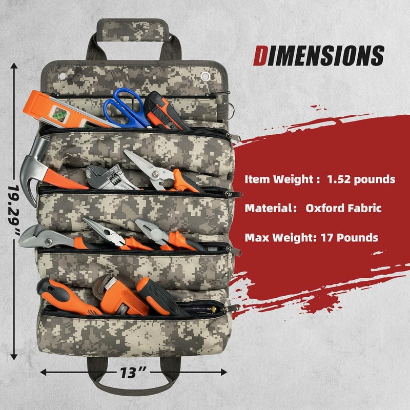 UUP Tool Bag Roll Up, Heavy Duty Rolled Empty Tool Storage Organizing, Portable Tool Roll Container with 2 Detachable Pockets, Folding Tool Holder, Father Day Dad Men Electrician Gift, Camouflage - Image 2